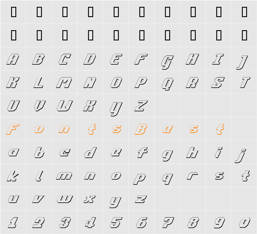 Commonwealth 3D Italic Character Map