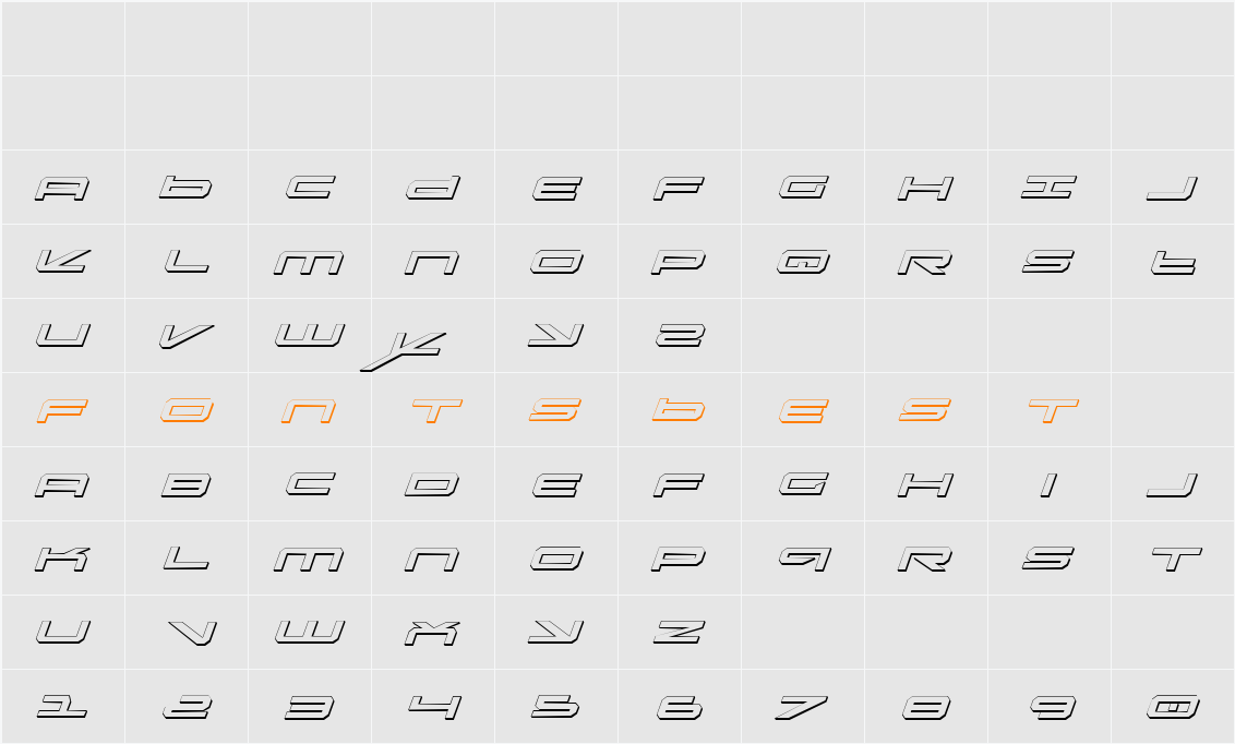 Oramac Shadow Italic Character Map