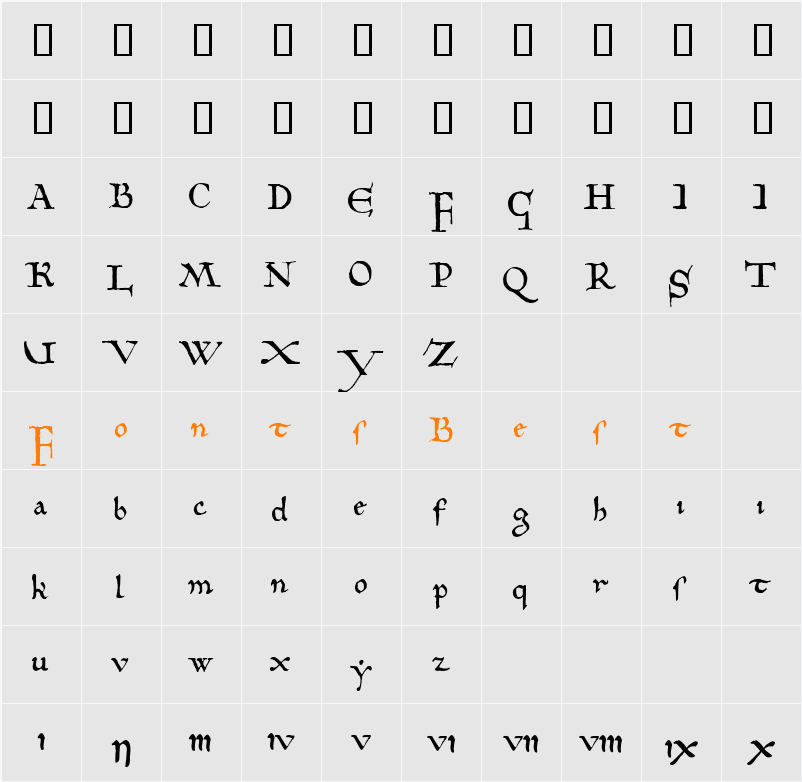 10th Century Bookhand WF Character Map