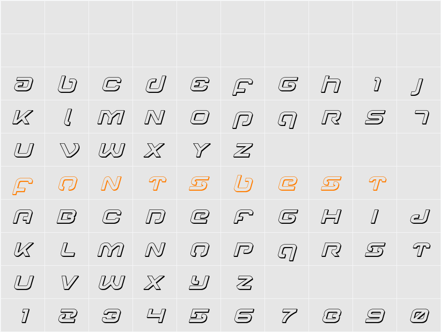 Gunrunner 3D Italic Character Map