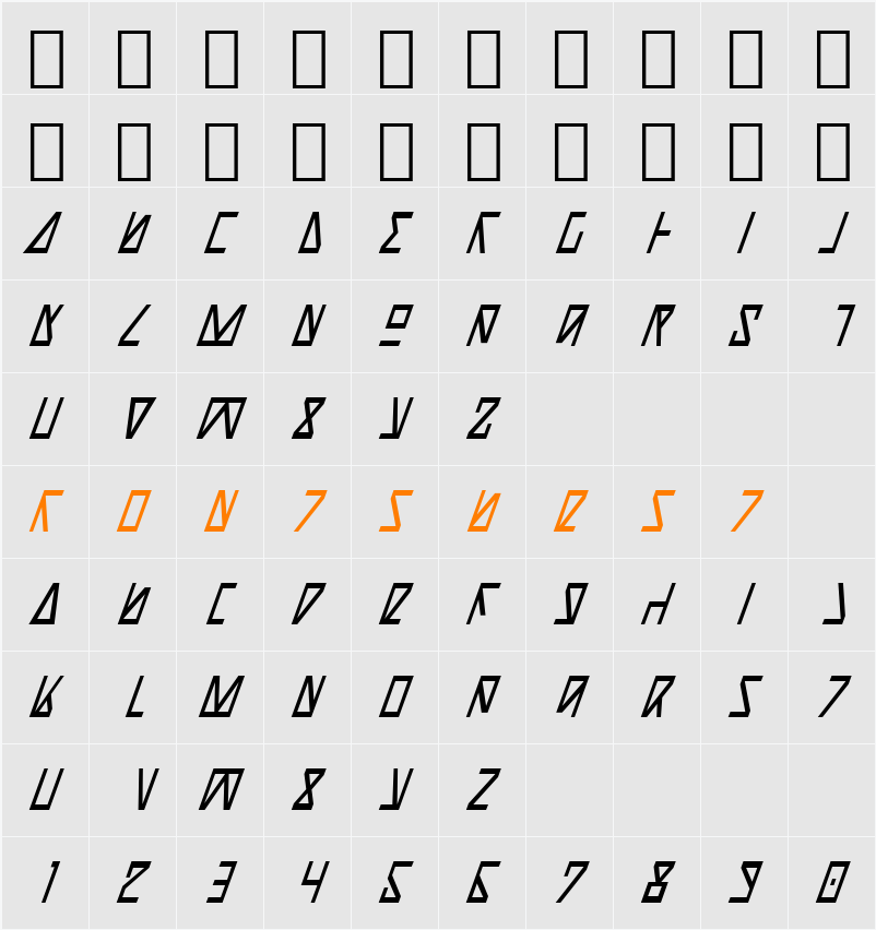 Nick Turbo Condensed Italic Character Map