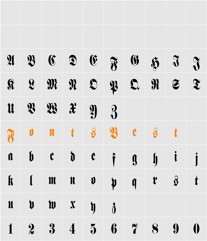 Schmalfette Fraktur Character Map