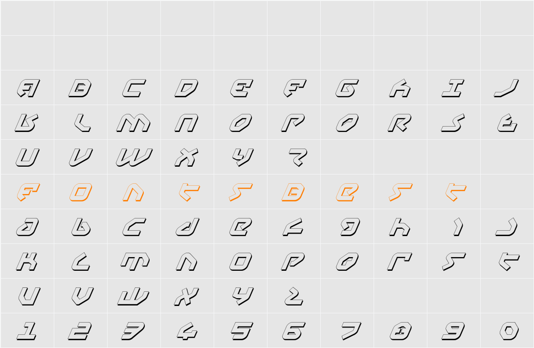 Yahren Shadow Italic Character Map