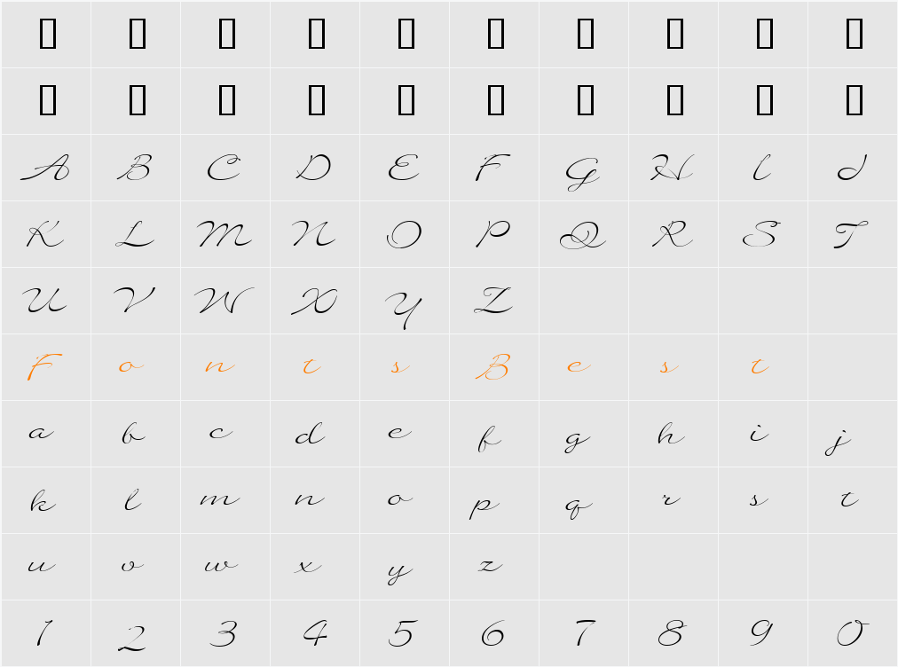 Quilline Script Thin Character Map