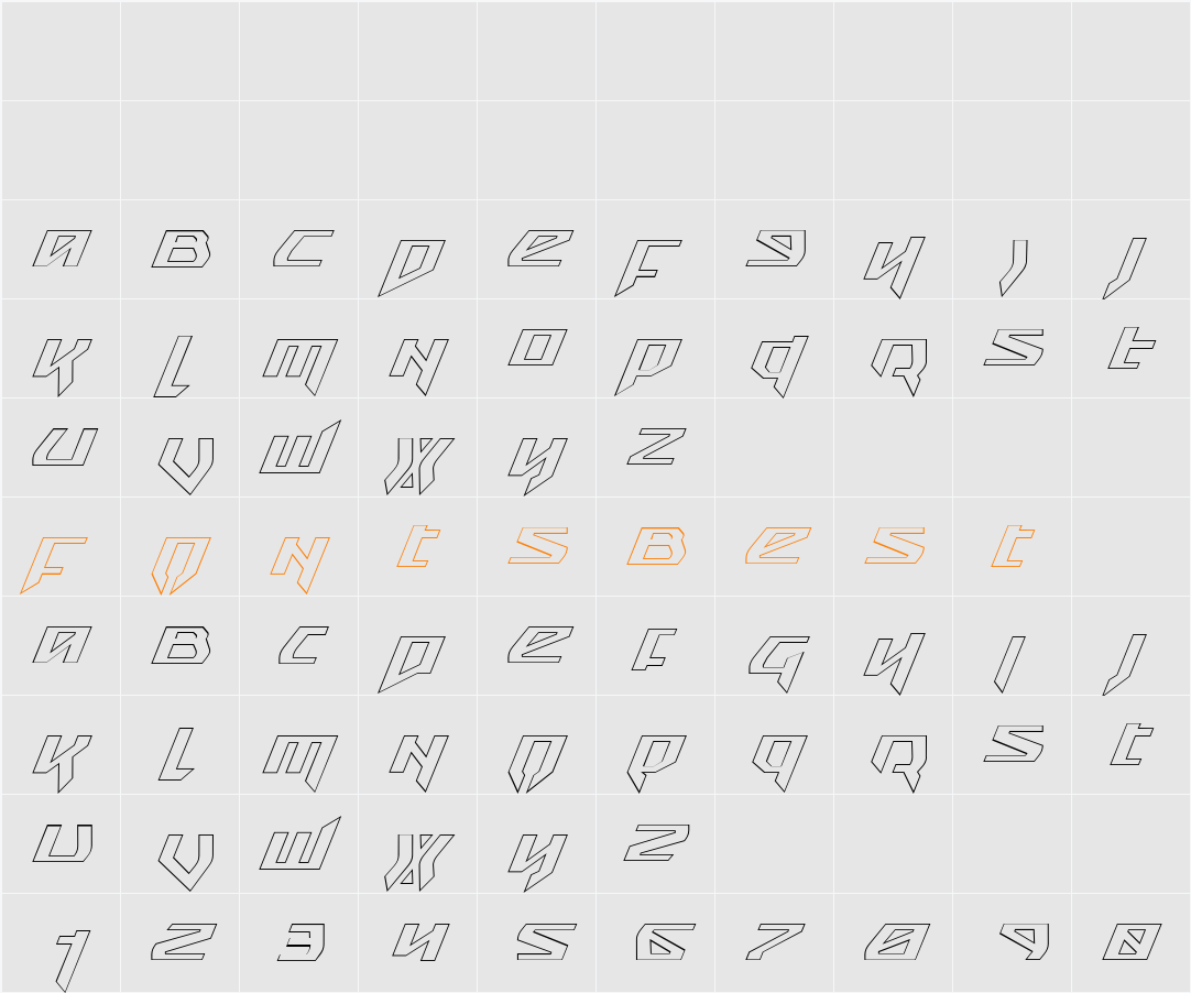 Snubfighter Outline Italic Character Map