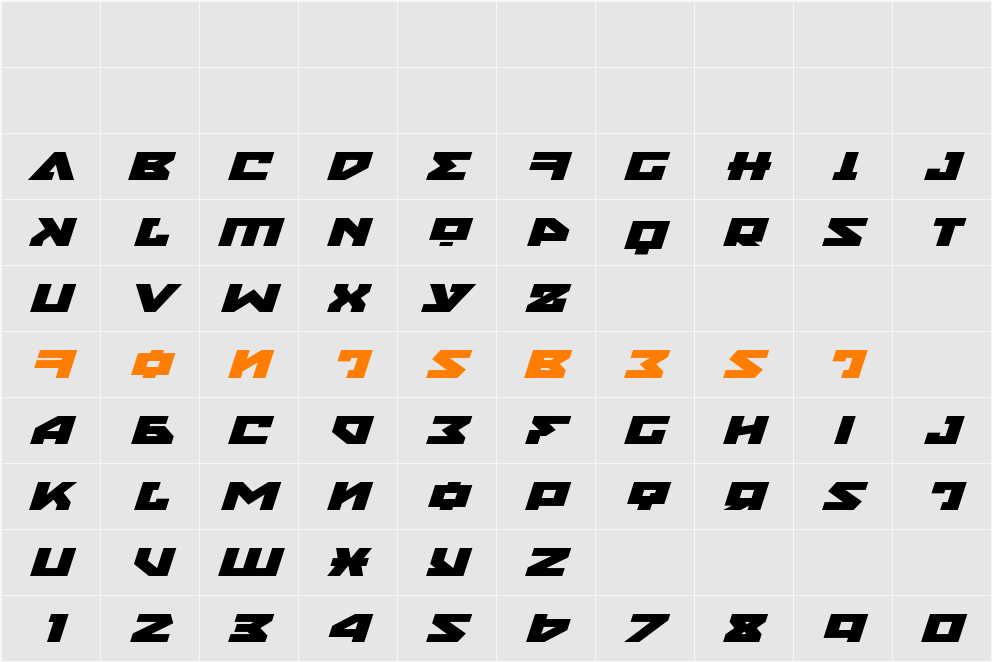 Nyet Extra-Expanded Italic Character Map