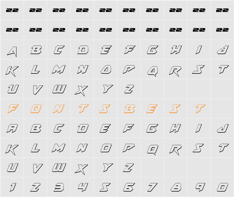 Skirmisher 3D Italic Character Map
