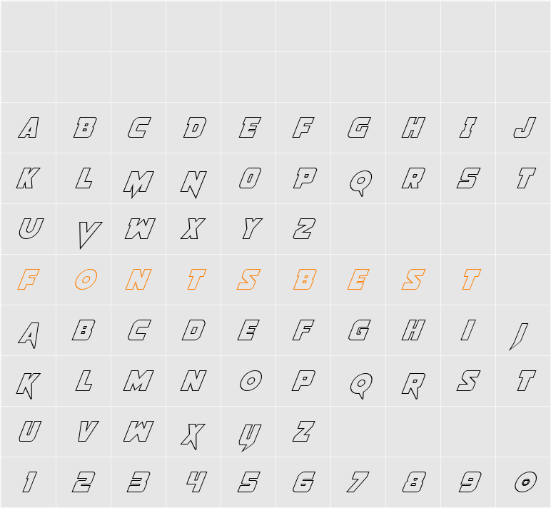 Pistoleer Outline Italic Character Map