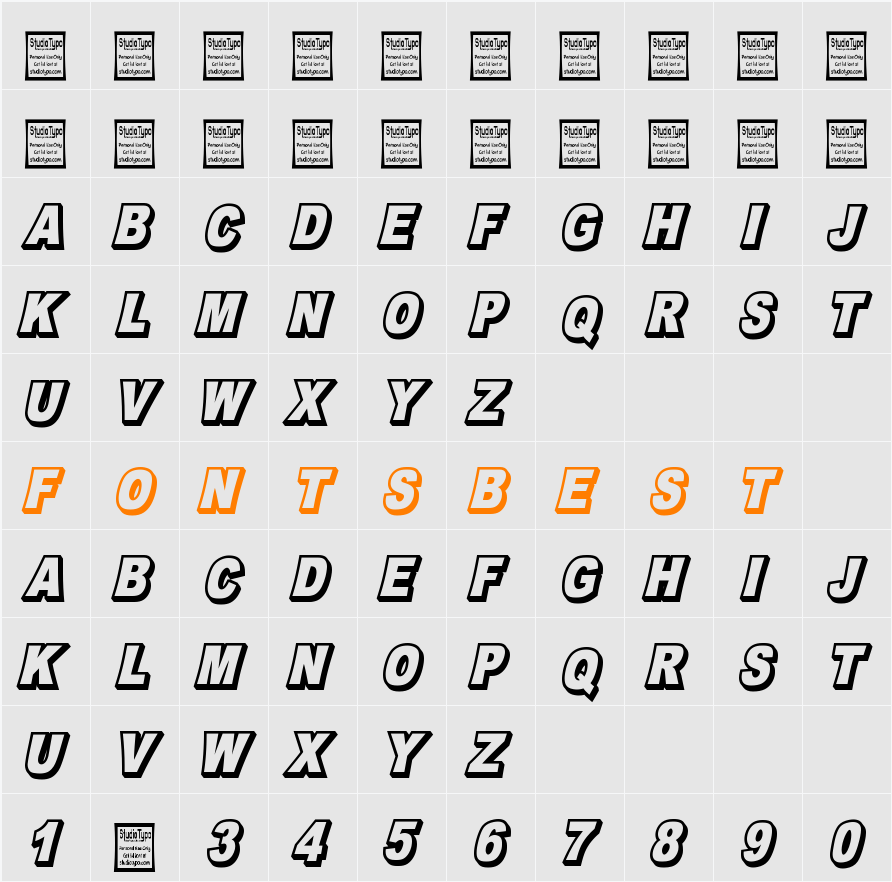 OMNIBLACK Outline Italic Character Map