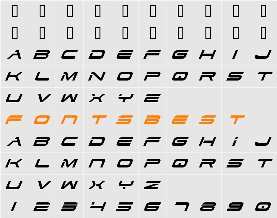Dodger Italic Character Map