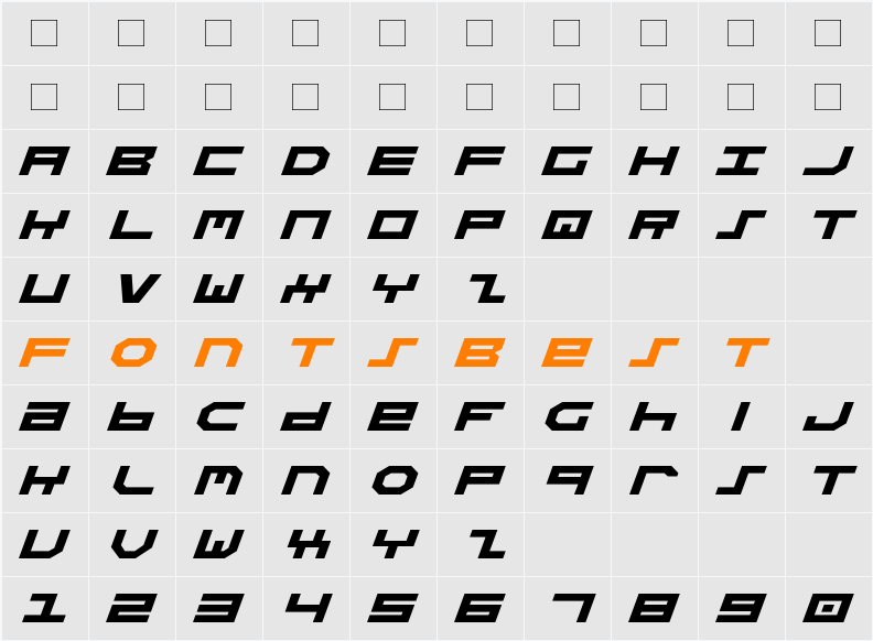 Stuntman Expanded Italic Character Map