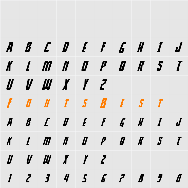 Thunder-Hawk Italic Character Map