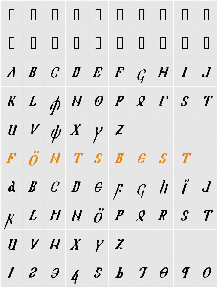 Holy Empire Condensed Italic Character Map