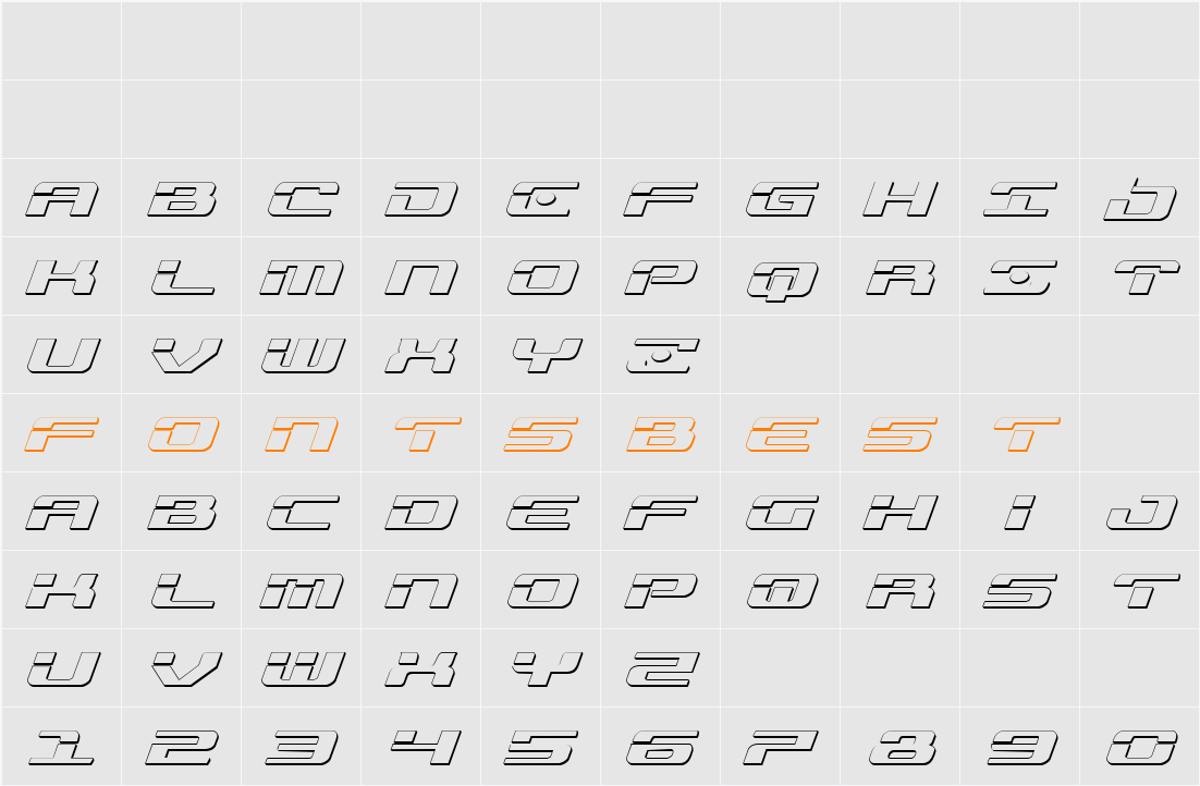 Troopers 3D Expanded Italic Character Map