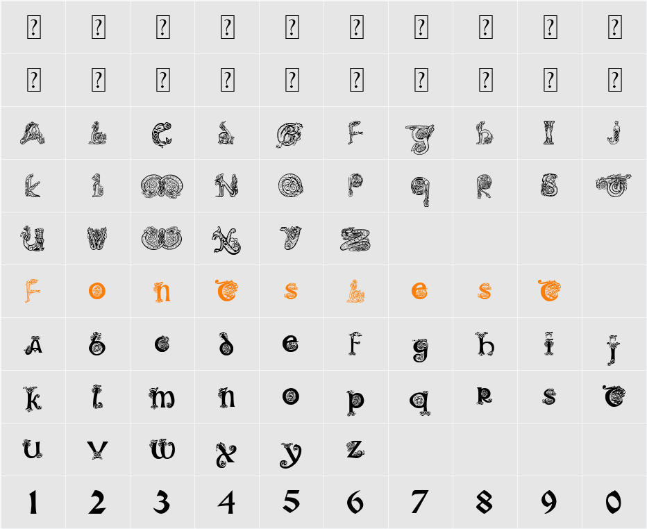 Pauls Illuminated Celtic Font Character Map