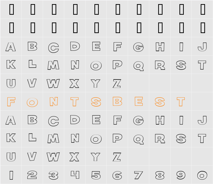 Roller World BTN Wide Bold Out Character Map
