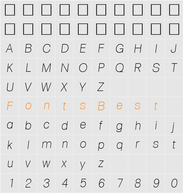 Formula-XlightIta Character Map