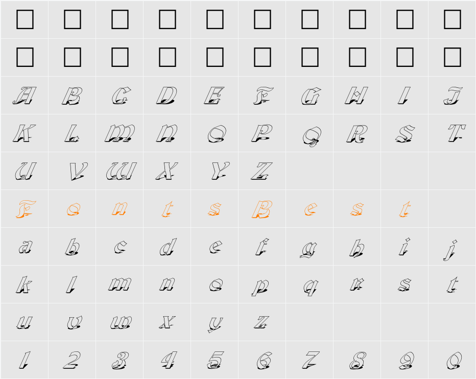 FZ JAZZY 19 SHADOW ITALIC Character Map