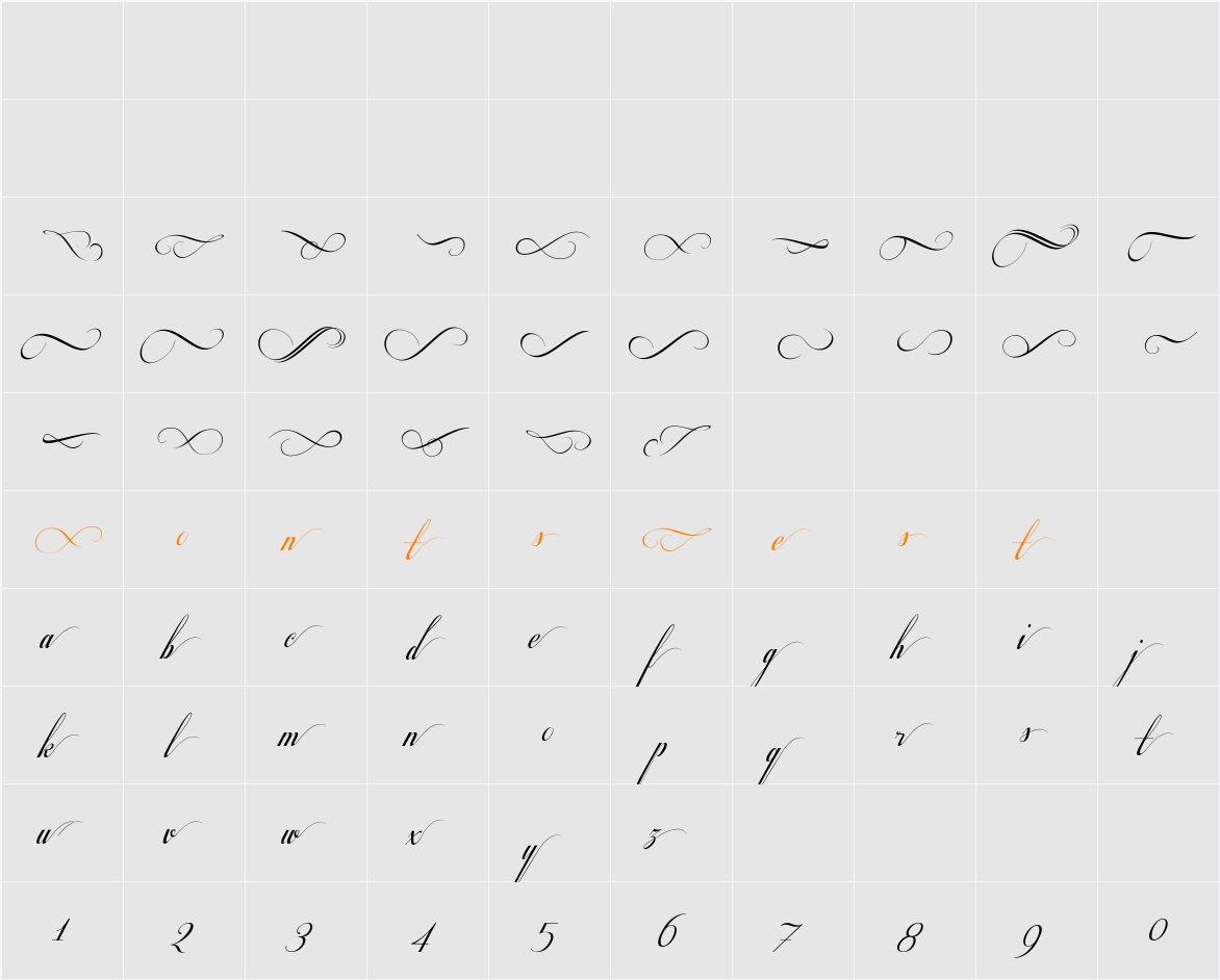 Respective Swashes Slanted Character Map