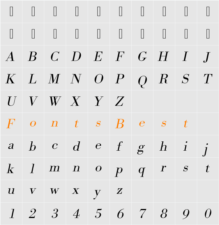 URWBodoniTLigWid Character Map