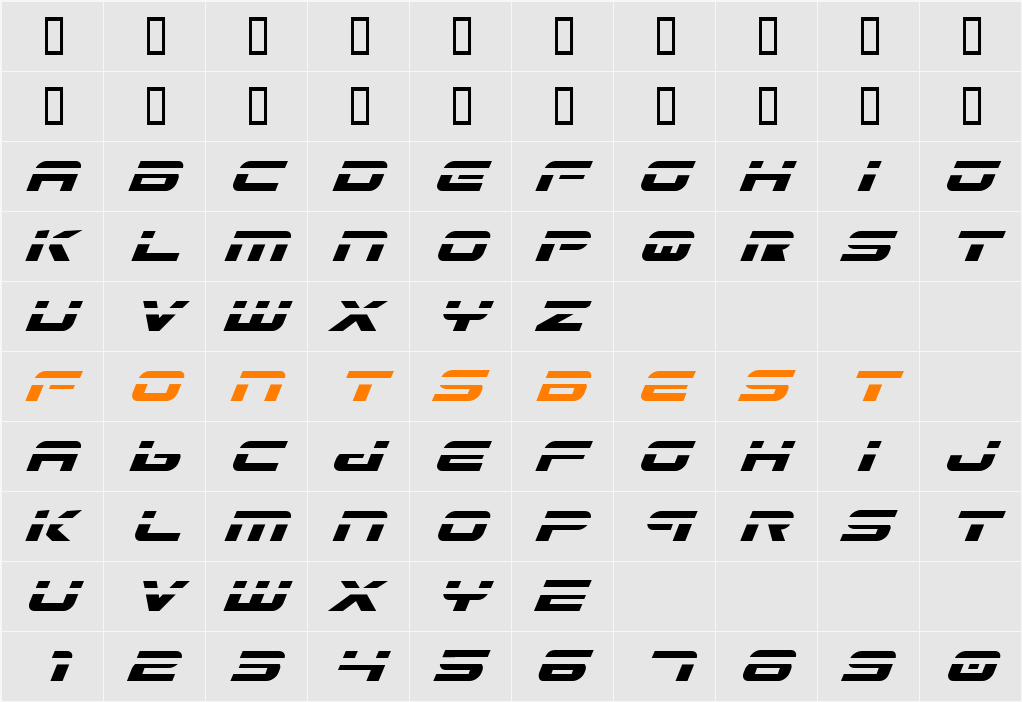 Gunship Laser Italic Character Map
