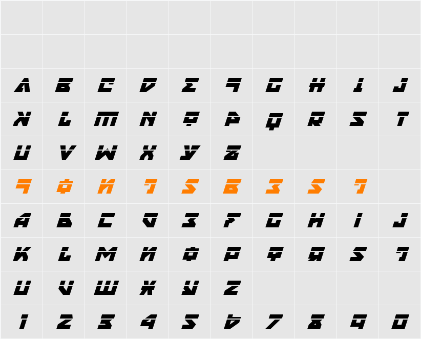 Nyet Laser Italic Character Map