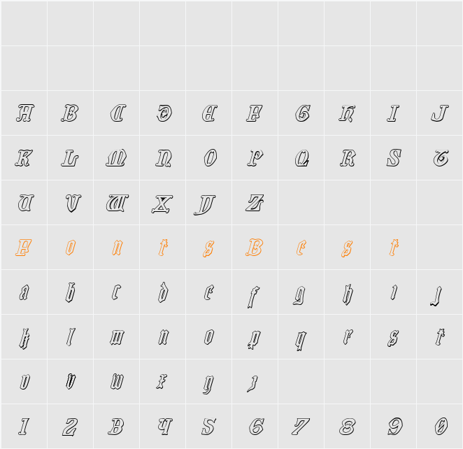 Westdelphia 3D Italic Character Map