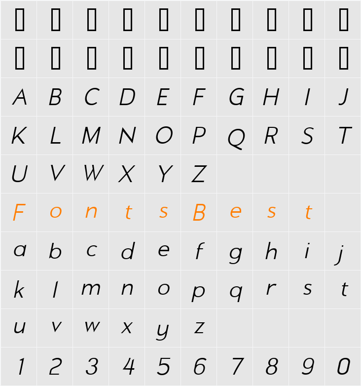 Delechol Slim Oblique Character Map