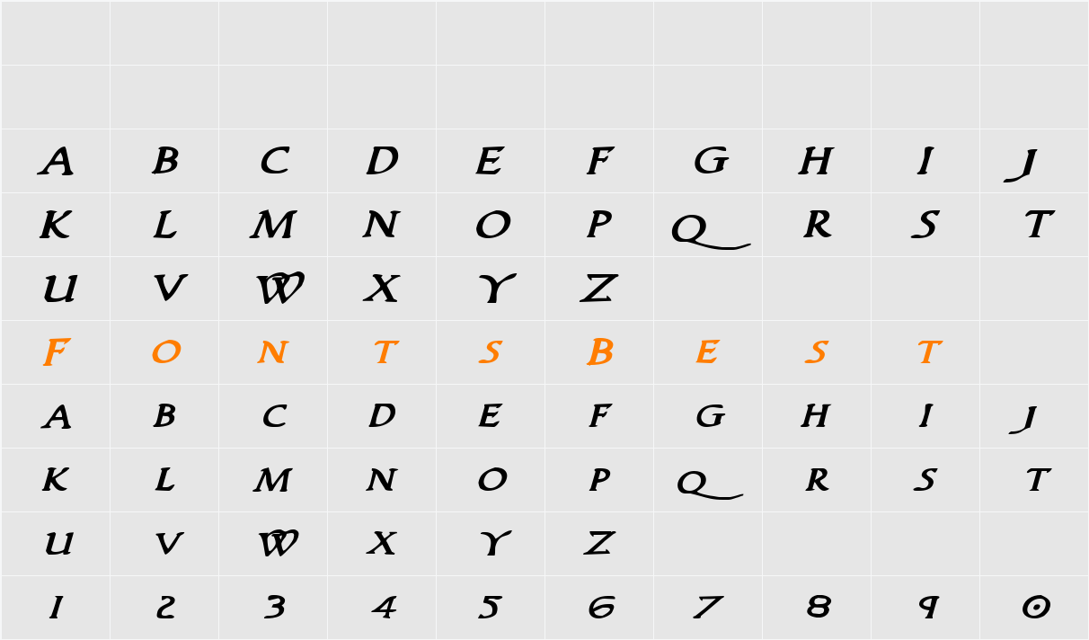Woodgod Bold Expanded Italic Character Map