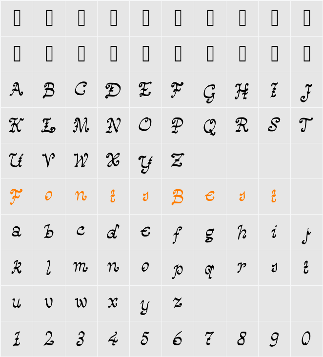HappyMonksMedievalLookingScript Character Map