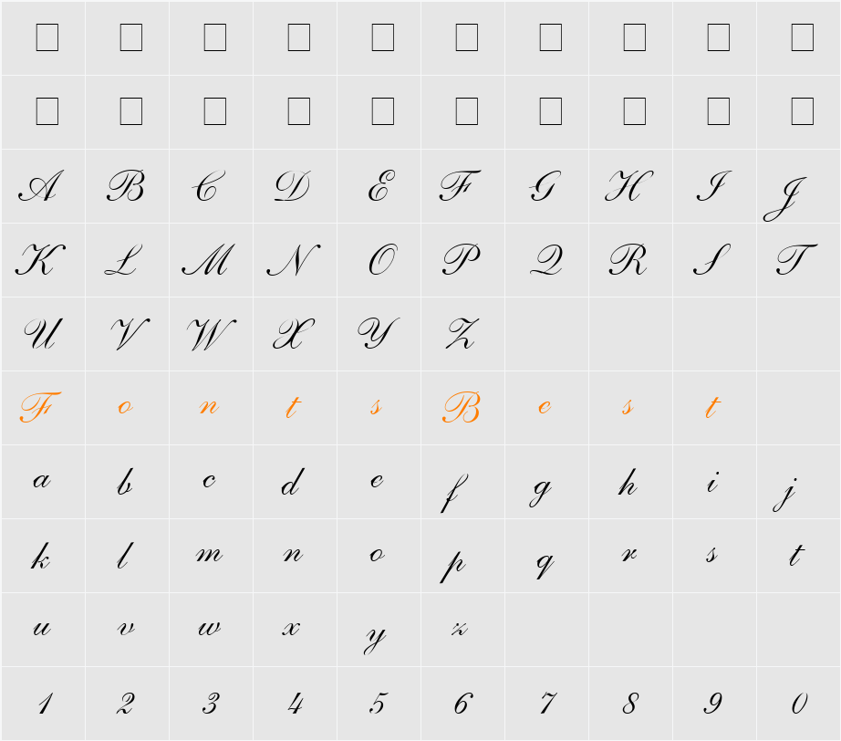 Shelley Andante Script Character Map