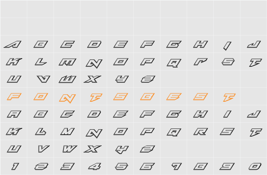 Tarrget Engraved Italic Character Map