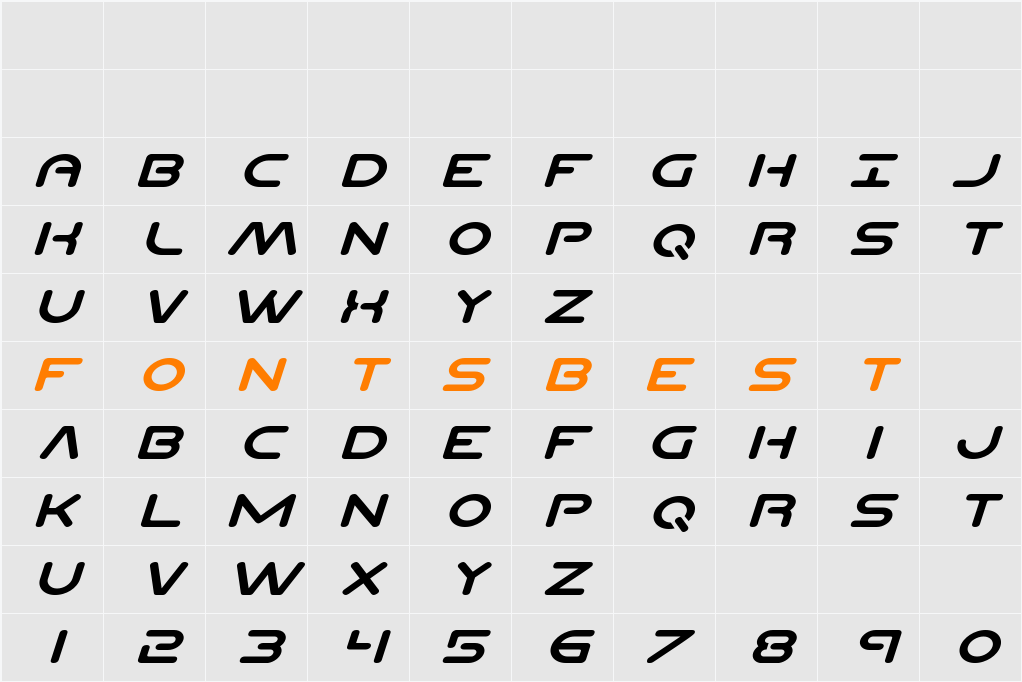 Planet N Expanded Italic Character Map