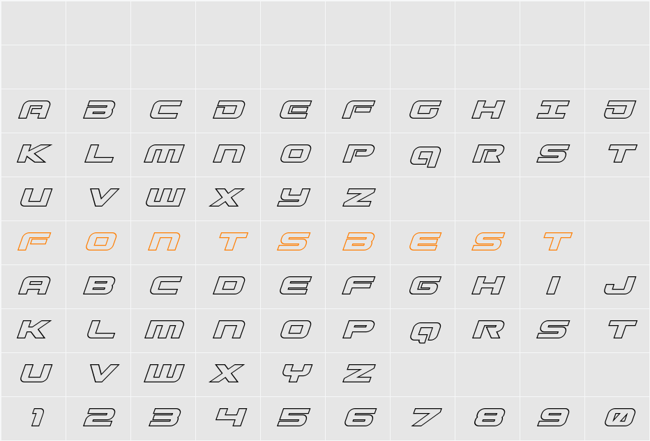 Gunship Outline Italic Character Map
