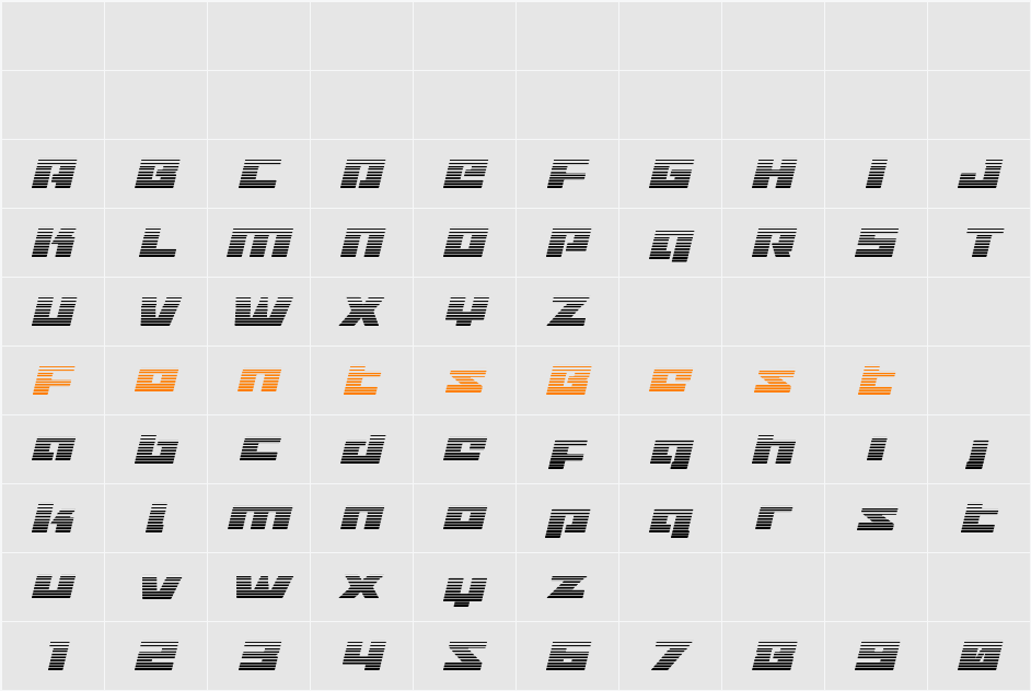Turbo Charge Gradient Italic Character Map