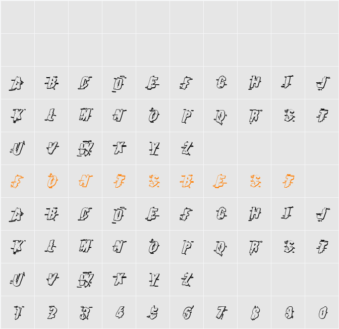 Earthshake 3D Italic Character Map