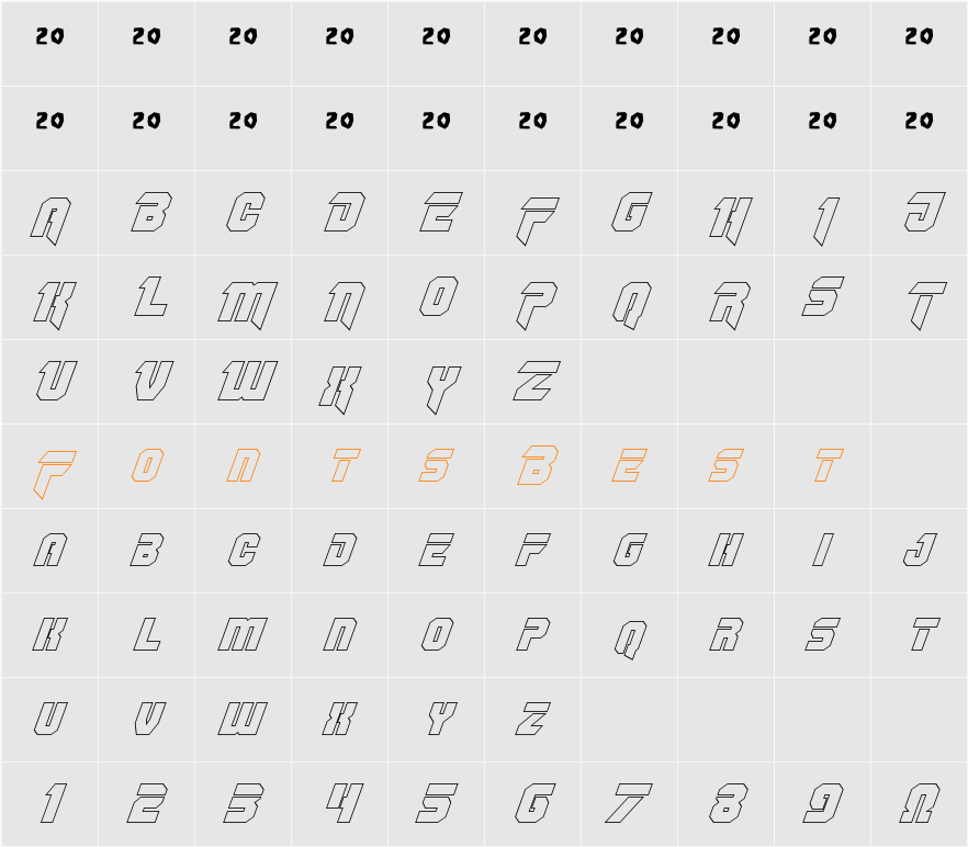 OmegaForce Outline Italic Character Map