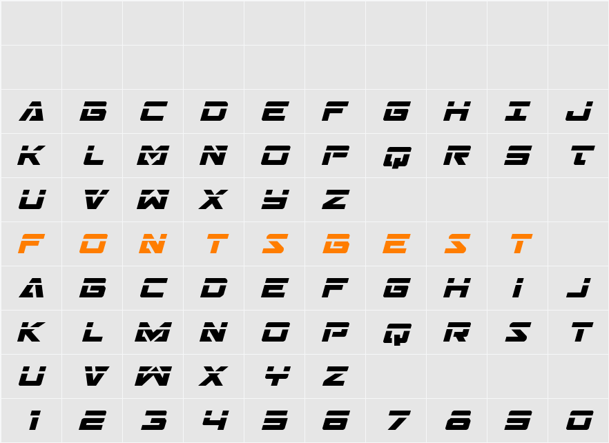Trans-America Laser Italic Character Map