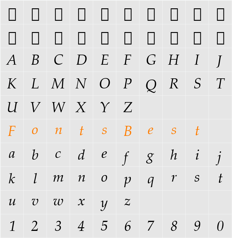 Zapf Calligraphic 801 SWA Character Map