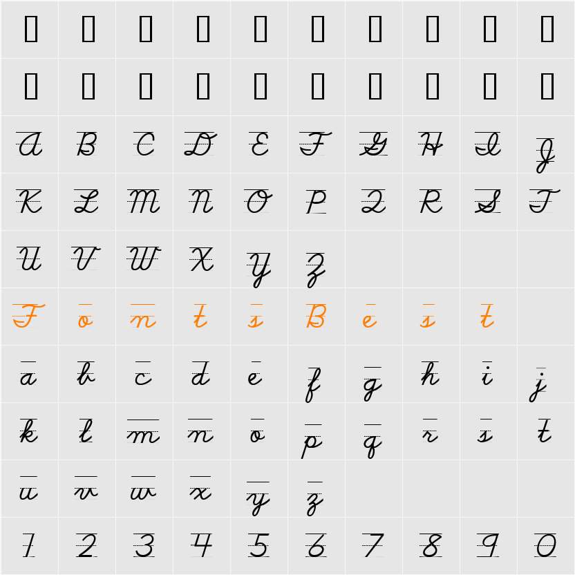 DnealianCursiveLined Character Map
