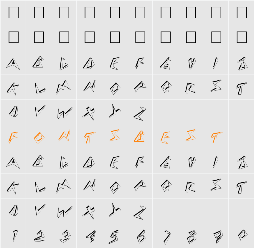 StingerShadowSkewed Character Map