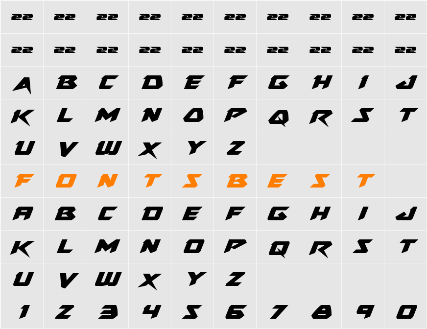 Skirmisher Expanded Italic Character Map