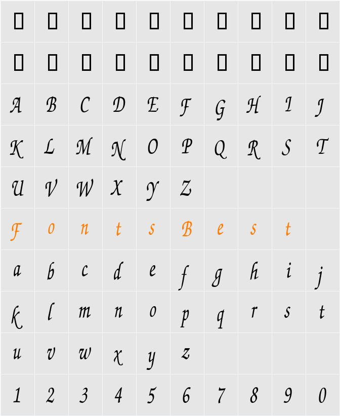 ExchequerScriptCondensed Character Map