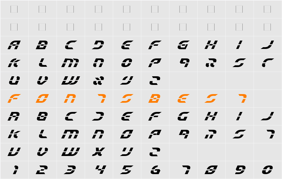 Starfighter Beta Bold Italic Character Map