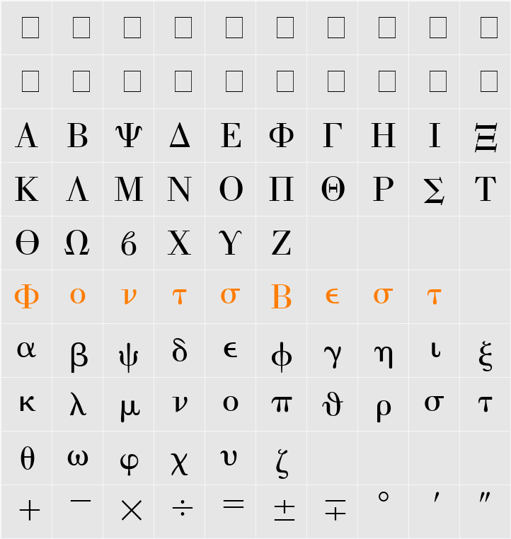 Eisago Greek SSi Character Map