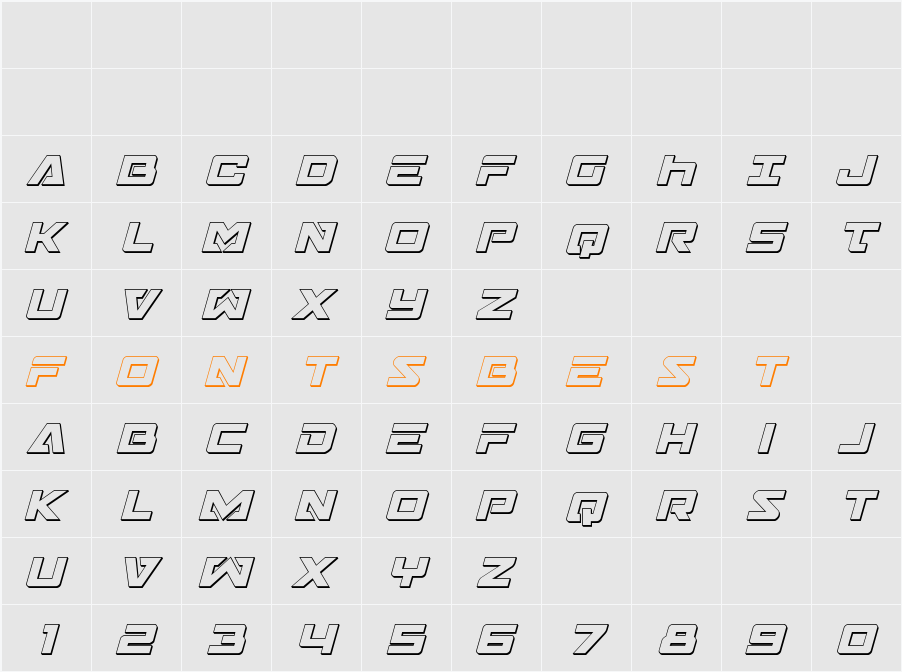 Trans-America 3D Italic Character Map