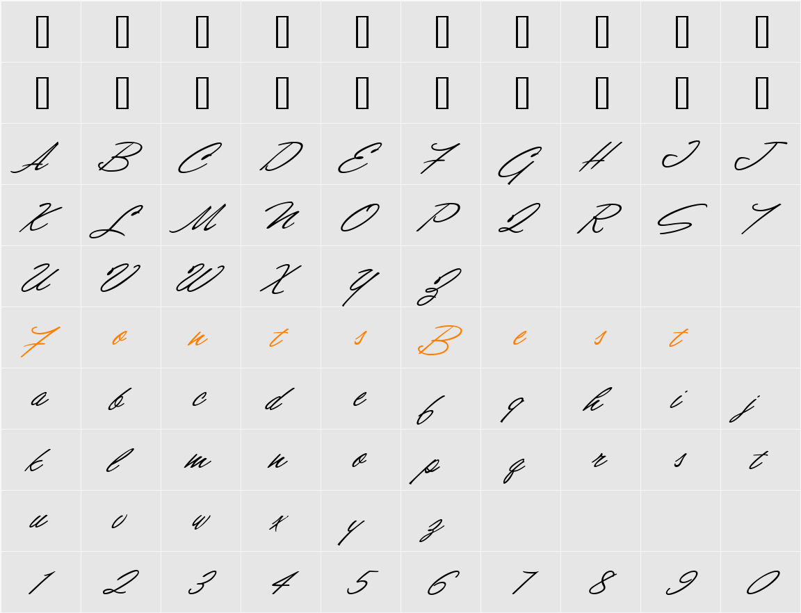 Shirley Script JF Character Map