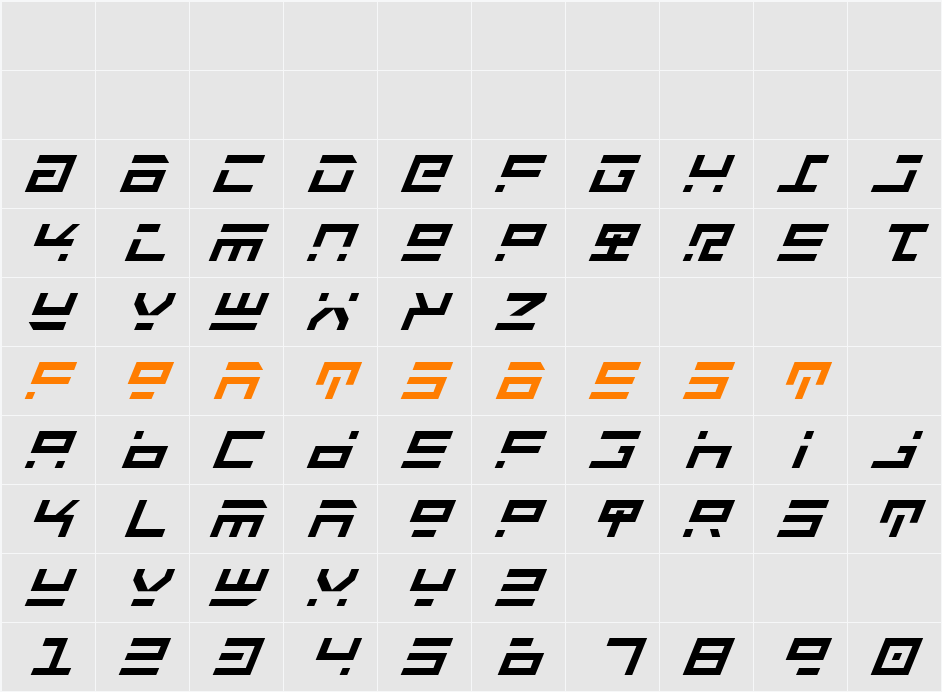 Rocket Type Italic Character Map
