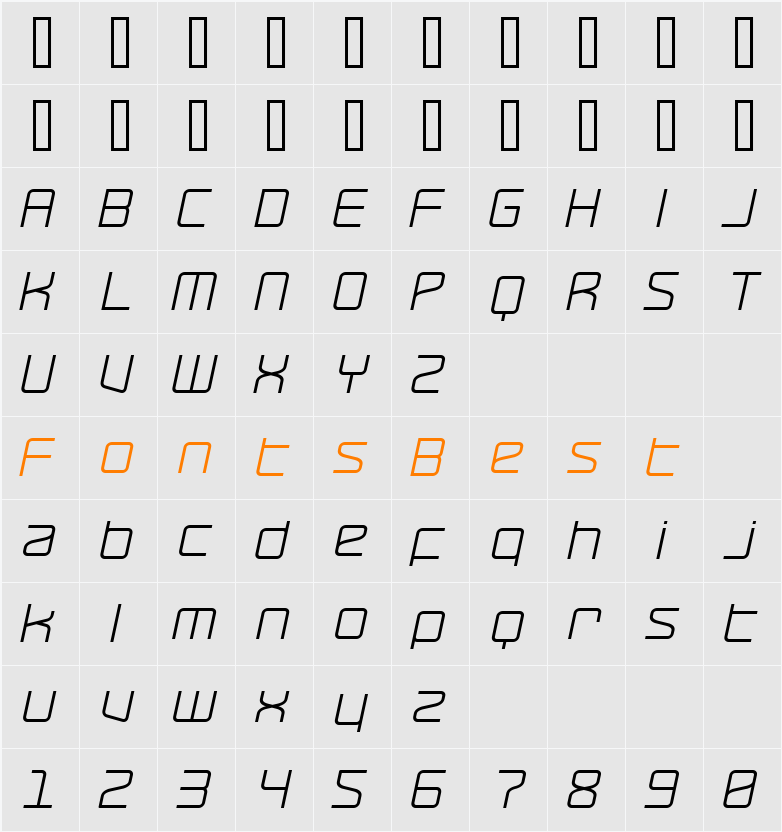 RaveParty Oblique Character Map