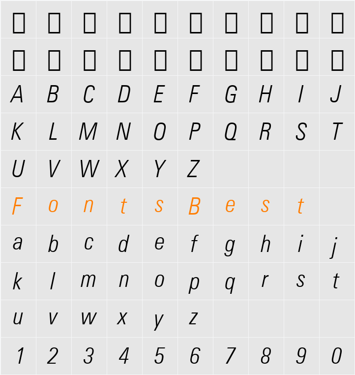 Zurich LtCn BT Character Map